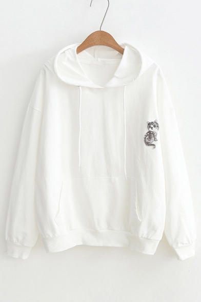 Chic Cat Embroidered Long Sleeve Casual Hoodie
