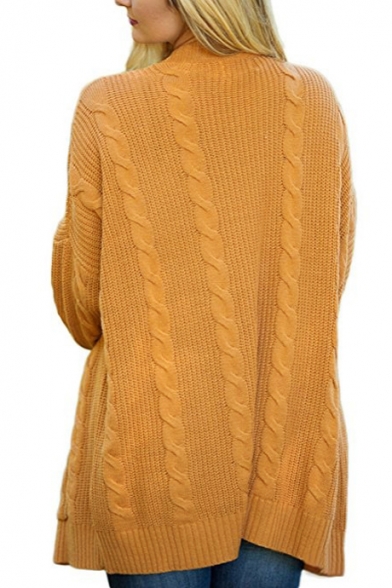 Collarless Plain Long Sleeve Tunic Cable Knitting Cardigan