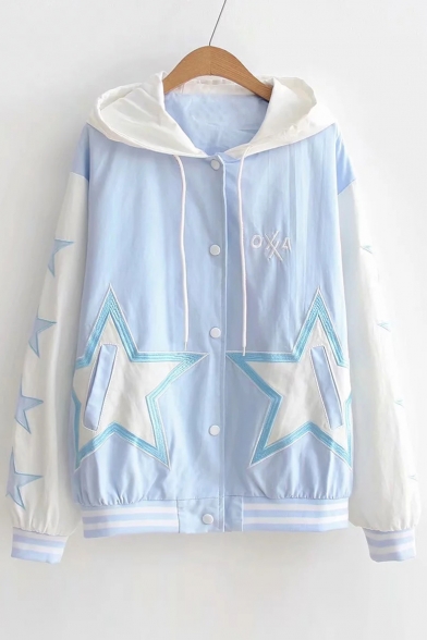 Color Block Star Pattern Embroidered Long Sleeve Button Closure Hooded Jacket
