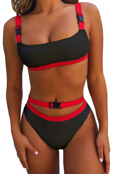 Contrast Buckle Straps Sleeveless Hollow Out Unique Bikini