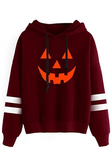 

Contrast Striped Long Sleeve Pumpkin Printed Hoodie, Burgundy;white;gray