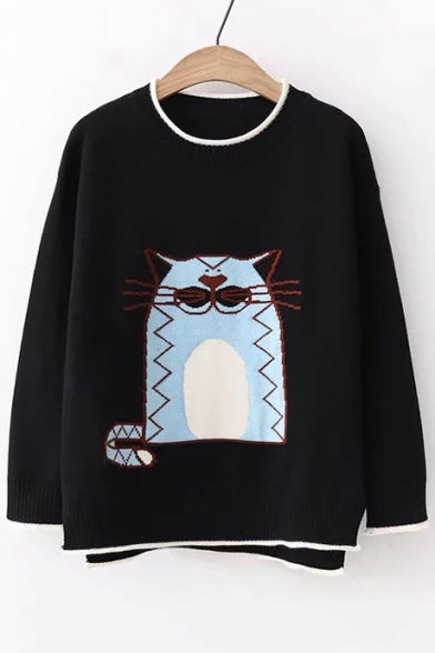 Contrast Trim Cartoon Cat Pattern Dip Hem Round Neck Long Sleeve Sweater