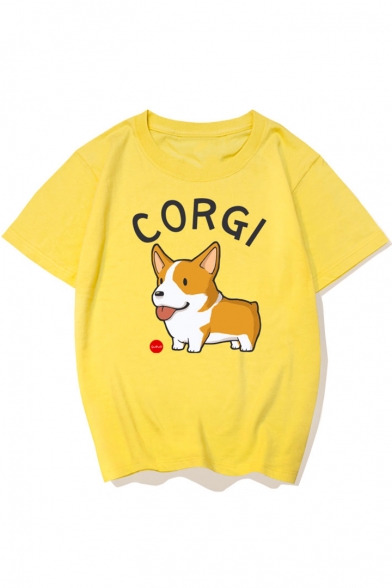 Dog CORGI Letter Printed Round Neck Short Sleeve Graphic Tee