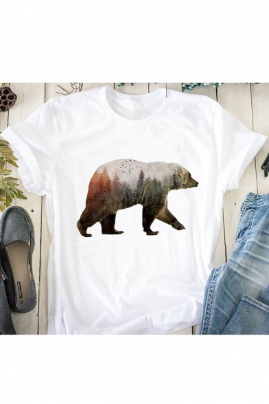 Forest Polar Bear Printed Round Neck Short Sleeve Tee