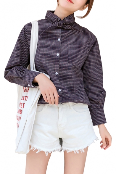 Knotted Collared Plaid Printed Long Sleeve Button Up Shirt