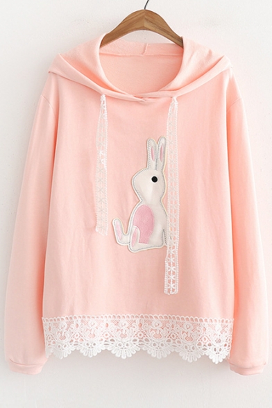 Lace Insert Rabbit Embroidered Long Sleeve Loose Hoodie
