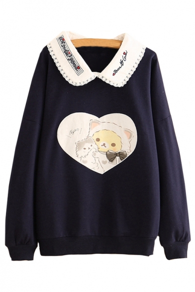 Lapel Collar Cat Printed Long Sleeve Leisure Sweatshirt