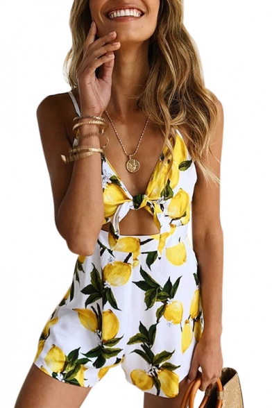 Lemon Printed Knotted Front Hollow Out Back Spaghetti Straps Sleeveless Romper