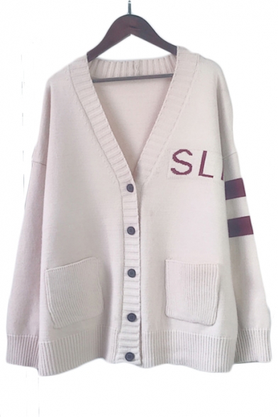 Letter Contrast Striped Long Sleeve V Neck Button Front Loose Cardigan