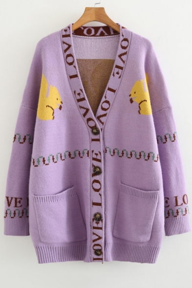 Letter Squirrel Pattern V Neck Long Sleeve Button Front Tunic Cardigan