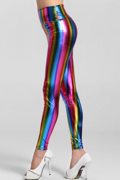 Rainbow Striped Printed High Waist Skinny Leggings