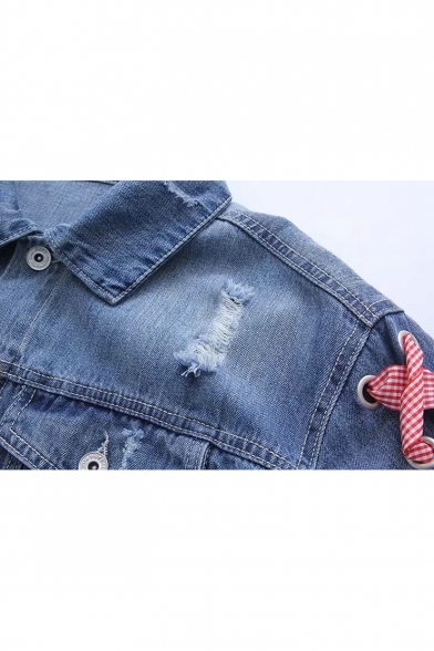 Ripped Lace Up Detail Lapel Collar Button Front Long Sleeve Denim Jacket