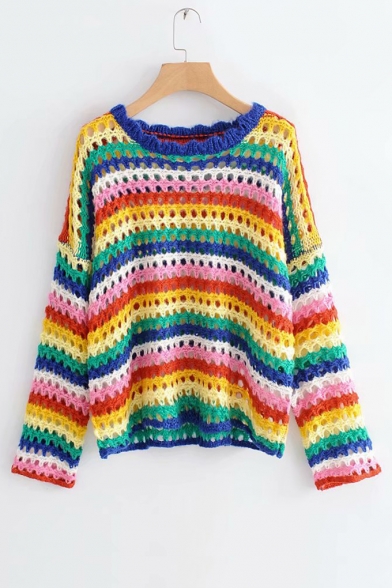 Round Neck Long Sleeve Rainbow Striped Hollow Out Knit Sweater