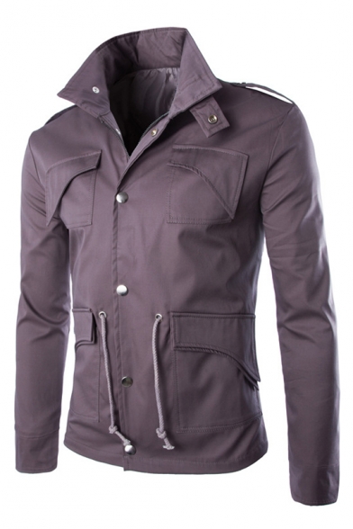 Stand Up Collar Plain Long Sleeve Zip Up Front Jacket with Multi Pockets