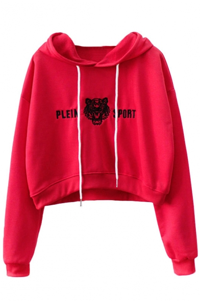 Tiger Letter Embroidered Long Sleeve Crop Hoodie