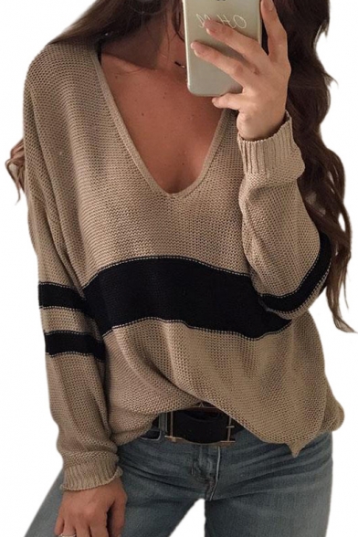 V Neck Color Block Long Sleeve Knit Leisure Sweater