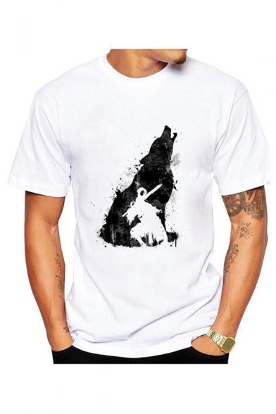 Casual Round Neck Wolf Printed Short Sleeve T-Shirt