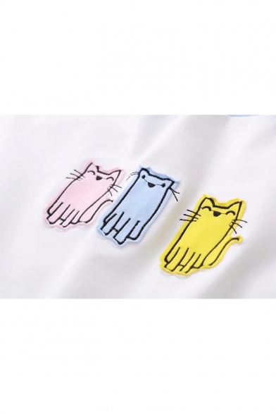 Cat Embroidered Applique Color Block Long Sleeve Hoodie