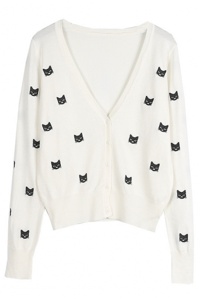 Cat Embroidered V Neck Long Sleeve Button Front Leisure Cardigan