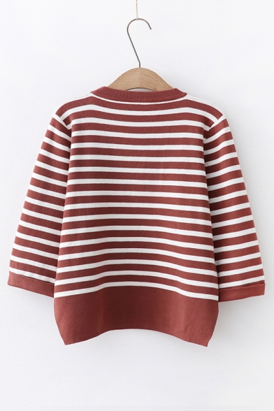 Cat Letter Embroidered Striped Printed Long Sleeve Round Neck Sweater