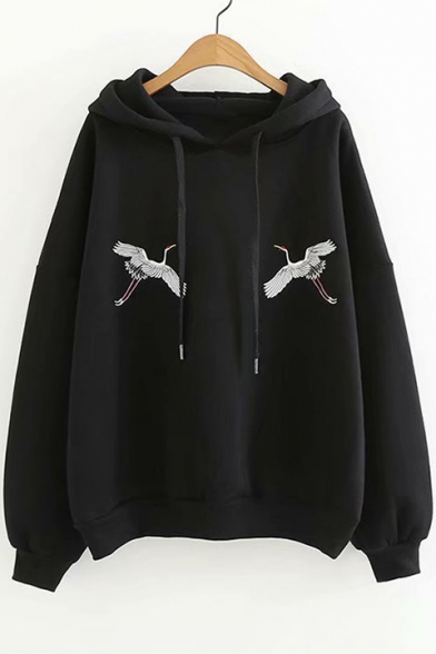 

Chic Crane Embroidered Long Sleeve Leisure Hoodie, Black;apricot, LC480304