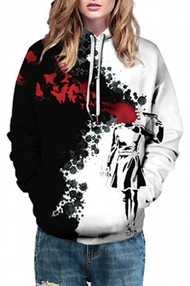 Black and White Color Block Fire Character Printed Long Sleeve Oversized Hoodie