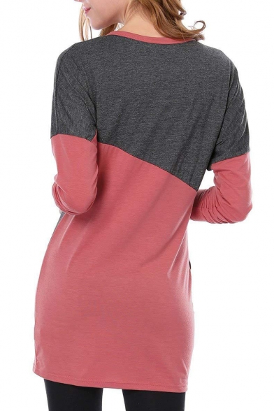 Color Block Round Neck Long Sleeve Slim Mini T-Shirt Dress