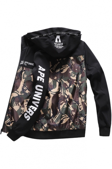 Contrast Camouflage Letter Printed Long Sleeve Zip Up Hooded Jacket