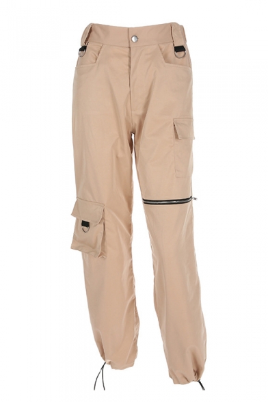 Cool Zipper Embellished Drawstring Cuff Zip Up Leisure Cargo Pants with Flap Pockets