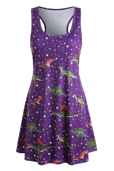 Dinosaur Star Printed Round Neck Sleeveless Midi A-Line Dress