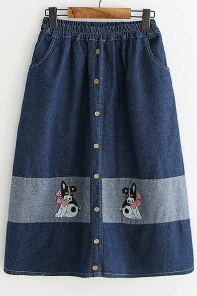 Dog Embroidered Color Block Elastic Waist Button Front Midi A-Line Denim Skirt