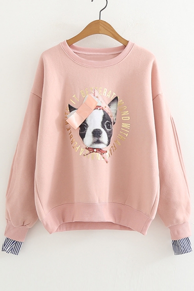 Dog Letter Printed Pearl Embellished Fake Two Pieces Round Neck Long Sleeve Sweatshirt