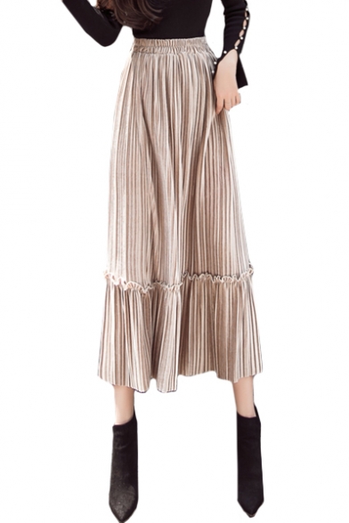 Elastic Waist Pleated Ruffle Detail Plain Velvet Maxi A-Line Skirt