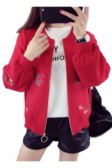 Fashion Floral Embroidered Zip Up Long Sleeve Crop Baseball Jacket