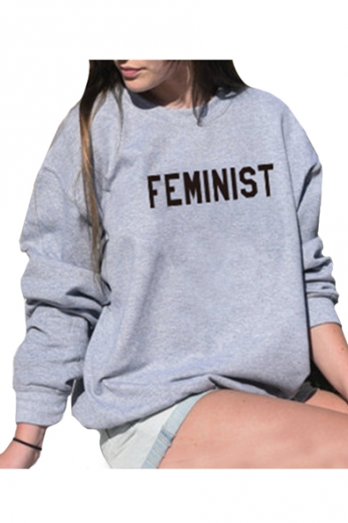 FEMINIST Letter Printed Round Neck Long Sleeve Pullover Sweatshirt