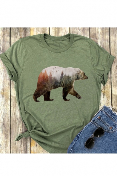 Forest Polar Bear Printed Round Neck Short Sleeve Tee