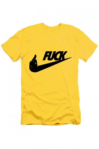 FUCK Letter Gesture Printed Round Neck Short Sleeve Tee