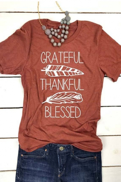 GRATEFUL Letter Feather Printed Round Neck Short Sleeve Tee
