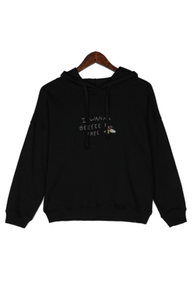I WANNA Letter Bee Embroidered Long Sleeve Leisure Hoodie