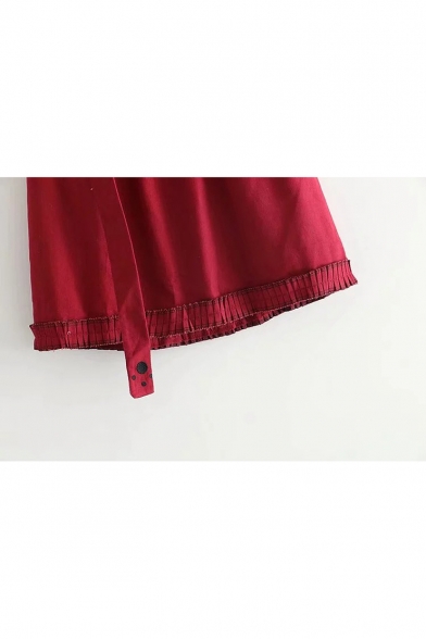 Pleated Detail Hem Cat Embroidered Elastic Waist Mini A-Line Skirt with Belt