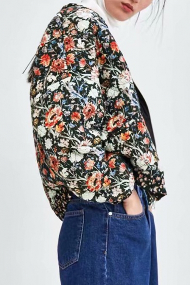 Stand Up Collar Floral Printed Long Sleeve Zip Up Padded Jacket
