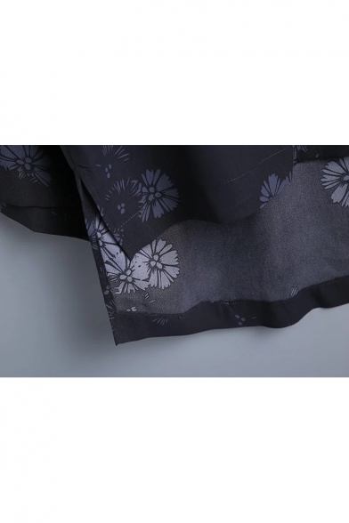 V Neck 3/4 Length Sleeve Crane Floral Printed Dip Hem Blouse