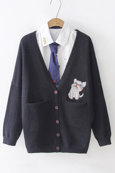 V Neck Button Up Long Sleeve Cat Embroidered Loose Cardigan