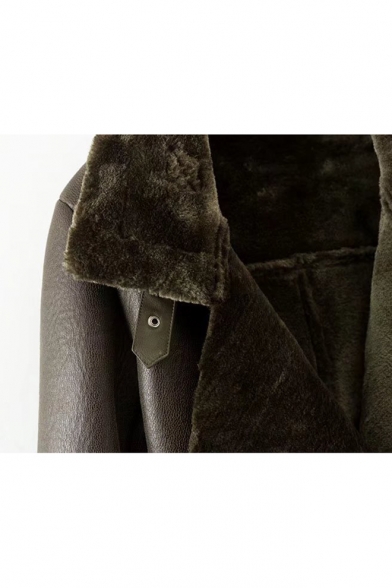Warm Notched Lapel Collar Long Sleeve Zip Up PU Tunic Coat