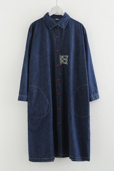 Cat Polka Dot Printed Lapel Collar Long Sleeve Button Front Midi Shirt Dress
