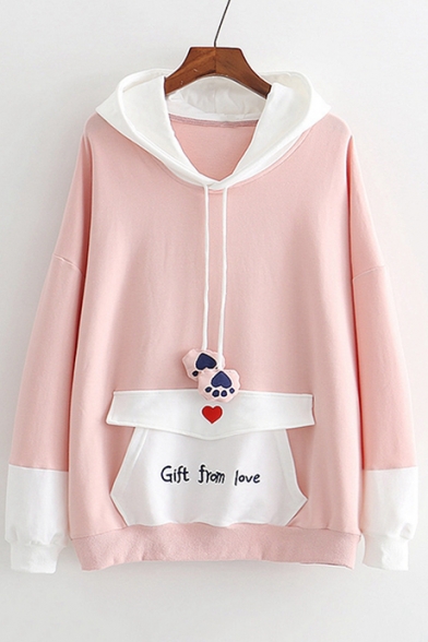 Cute Color Block GIFT FROM LOVE Letter Embroidered Long Sleeve Hoodie