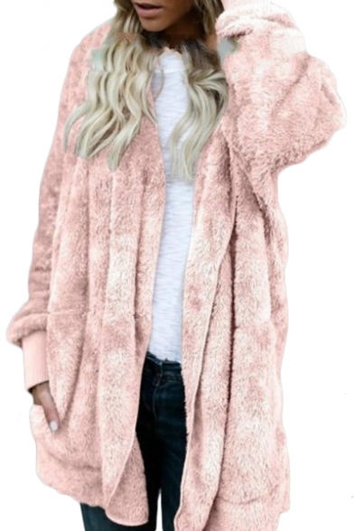 Faux Fur Plain Long Sleeve Open Front Warm Hooded Coat