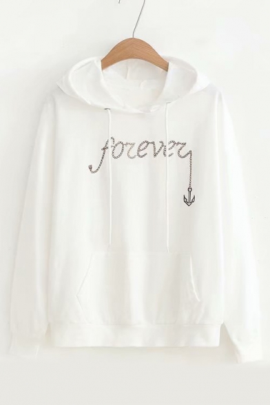 FOREVER Letter Anchor Embroidered Long Sleeve Casual Hoodie