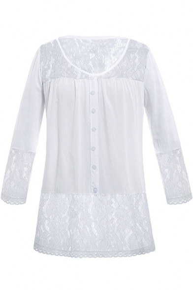 Lace Patchwork 3/4 Length Sleeve V Neck Button Front Blouse