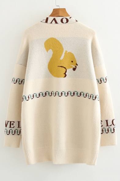 Letter Squirrel Pattern V Neck Long Sleeve Button Front Tunic Cardigan